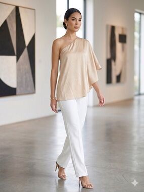 Asymmetric One-Shoulder Top in Beige with Straight-Leg White Pants